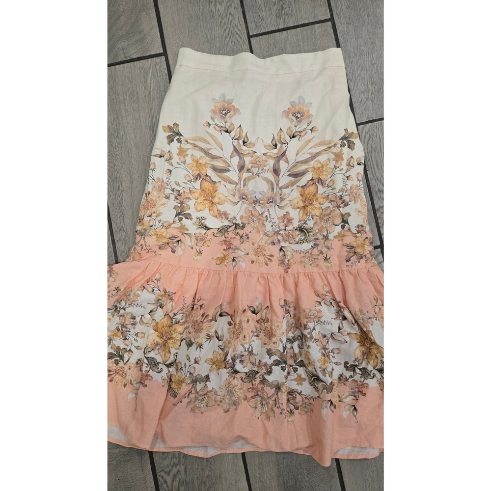 House of Harlow 1960 Floral Linen Blend Midi Skirt Peach Cream Small